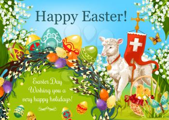 Easter Day cartoon greeting poster. Patterned Easter eggs, egg hunt basket with chickens, lily flowers, lamb of God, cross, floral Easter wreath of willow twigs with wishing of Happy Spring Holidays