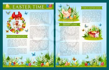 Easter Egg Hunt celebration, traditions and history brochure template. Easter eggs in green grass with flower, rabbit bunny, chicken, chick, wicker basket, Easter lamb, cross, floral wreath and candle