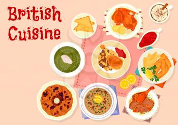 British cuisine traditional dinner menu icon of baked turkey with cranberry sauce, fried fish and potato, baked rabbit, duck with mint sauce, beef kidney soup, raisins cake, sorrel cream soup