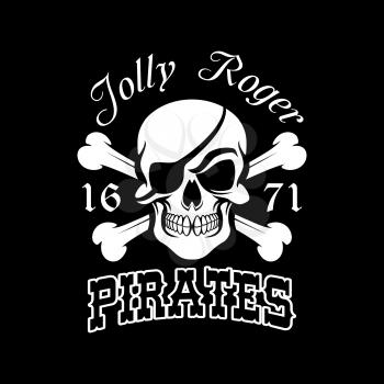 Pirate skull and crossbones symbol. Jolly Roger with eye patch for pirate flag, danger for life sign, Halloween and piracy themes design