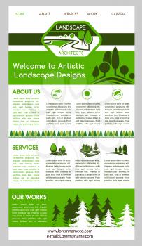 Landing page template for landscape architecture business company single page website. User friendly interface with navigation menu, header and body, supplemented with nature view and tree symbols