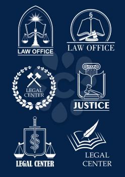 Law office, legal center and justice symbol set. Scale and sword of justice, judge mallet and law book heraldic badges with laurel wreath and shield. Lawyer services themes design