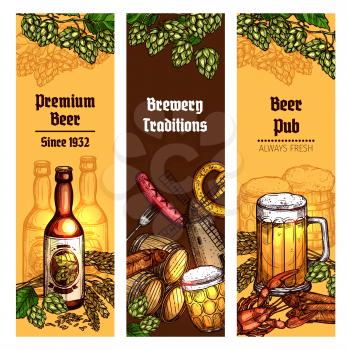Beer with snacks sketch banner set. Beer bottle, glass, mug and barrel with grilled sausage, salty pretzel, fish and crayfish, decorated with branches of hops and malted barley. Pub, brewery design