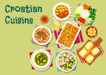 Croatian cuisine lunch icon of squid with potato, meatball in tomato sauce, bean cabbage stew with meat, spinach cream soup, sour cream sauce with vegetables, cheese strudel, cake with custard cream