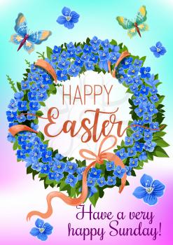 Easter wreath of spring flowers greeting card. Blue flowers of forget-me-not, green leaves, pink ribbon, bow and flying butterflies cartoon poster for Easter Sunday celebration design
