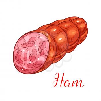 Ham sausage sketch. Smoked sausage with pieces of ham mixed with ground pork meat and fat. Meat market, butcher shop, grocery shop food packaging design