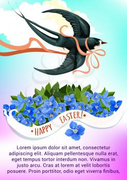 Easter spring holidays greeting card with flying swallow bird and flowers of forget-me-not with Happy Easter ribbon banner on blue sky background. Easter bird and flower for festive poster design
