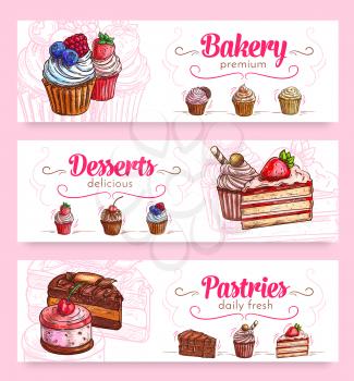 Bakery and pastry desserts banner. Chocolate and strawberry cake, cupcake with cream and berry, cherry fruit cream dessert on cookie. Cafe menu card, cake shop, food packaging design