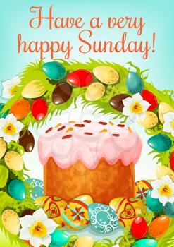 Happy Easter Sunday cartoon greeting poster. Easter cake with patterned eggs, framed by floral wreath of white narcissus flowers and coloured eggs. Easter spring holidays greeting card design