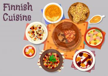 Finnish cuisine traditional dishes icon with fish bacon pie, salmon cream soup, vegetable herring salad, beet salad, rye pie with rice, turnip casserole with cream, rice porridge with fruit