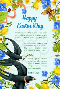 Happy Easter Day greeting template. Paschal flower wreath of tulips and snowdrops, swallows carrying lily valley bunch. Easter vector poster or card template for Resurrection Sunday religion holiday d