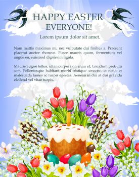 Easter cake, egg and flower cartoon poster template. Easter painted egg and sweet bread with candle, decorated by tulip, lily and narcissus flowers, willow tree twig with blue spring sky on background