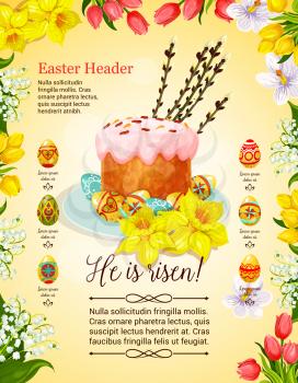Easter cake and egg cartoon poster template. Easter holiday sweet bread with painted eggs, decorated by spring flowers of tulip, lily, narcissus and willow tree branches. Easter greeting card design