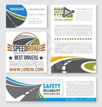 Road construction and service company vector banners. Speed rally or racing highways building and driver safety motorways industry set for expressway drive routes and transport traffic technology