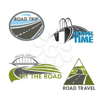 Travel time and road trip vector icons of highway, motorway lane or expressway drive bridge. Isolated emblems set for tourism or driveway construction, building industry or service company