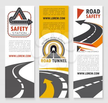 Road construction service vector banner set for safety of highways and tunnels, motorways and tunnels building company. Expressway drives, transport routes and traffic reliability technology