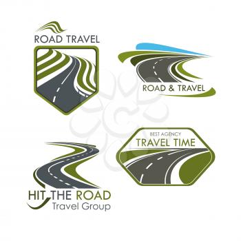 Travel agency and road tourism vector icons. Emblems set of highway, motorway lane or expressway drives and directions for car trip journey or bus travel adventure tour company