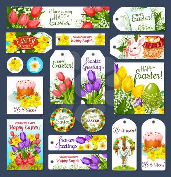 Easter greetings tag and label set. Easter egg with cake, rabbit bunny, egg hunt basket, flower bunch of lily, tulip and narcissus with ribbon bow and cross with floral wreath. Easter themes design