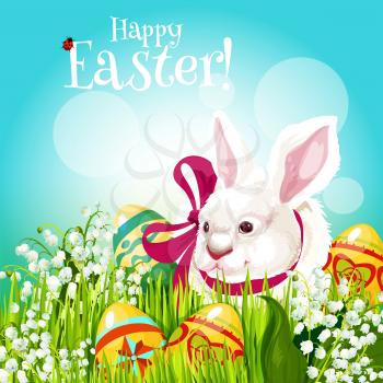 Easter Egg Hunt rabbit with egg greeting card. Easter bunny with patterned eggs on green grass meadow with lily of the valley flowers. Easter spring holiday cartoon festive poster design