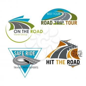 Road travel icons set for tour trip and tourist agency. Isolated emblems of safety ride on highway for tourist or traveler adventure journey service company