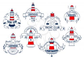 Yacht club or seafood bar vector icons set. Emblems and signs of lighthouse and ship anchor, nautical beacon signal light tower on cliff with marine ribbons