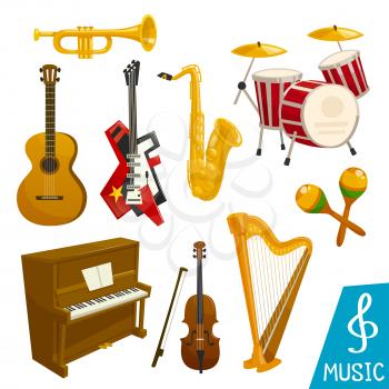 Guitar, piano and saxophone vector isolated icons of musical instruments. Set of harp and sax, drum station and cymbals or maracas, fiddle violin and trombone horn or trumpet for orchestra or jazz mus
