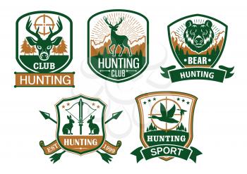 Hunting club icons. Hunter sport symbols of with wild animals deer or elk, grizzly bear, rabbit or hare and ducks. Hunt adventure vector badges and ribbons with guns, riffles and crossbow