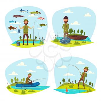 Fisherman on fishing with fish catch. Fisher man with beard catching pulling out with rod or scoop net in inflatable boat on lake. Fishery hobby or outdoor adventure