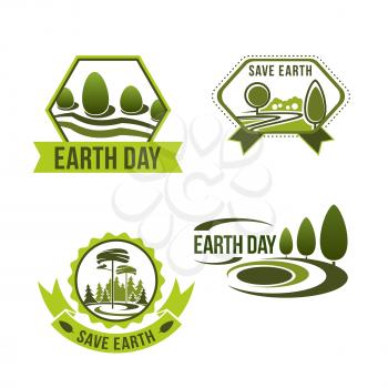 Earth day icons for green nature and eco environment protection. Symbols vector set of ecology park trees and landscapes planting with ribbons for global recycle or gardening company