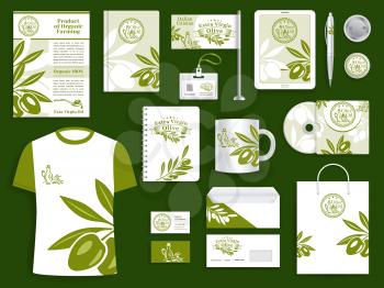 Brand or company corporate identity templates for olive oil farm or olive products industry. Branded accessories set of vector branding office business cards, stationery and promo apparel set