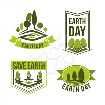 Earth Day icons for green ecology and clean environment or earth nature conservation concept. Vector isolated set of trees and plants for 22 April global pollution protection Earth Day design