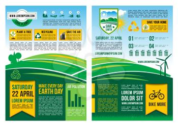 Save Planet poster or infographics template design for Earth Day. Information on waste recycling and energy saving statistics. Carbon emission prevention and bike eco transport for environment protect