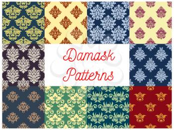 Floral damask seamless pattern set with flowers, arabesque flourishes and leaf scrolls on colorful background. Vintage interior, wallpaper design