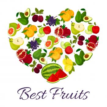 Fruits combined in heart. Farm harvest of fresh ripe juicy orange, avocado, pomegranate and grape bunch, sliced watermelon, plum and citrus lemon, pomelo, apple, grape and pear. Vector fruit poster