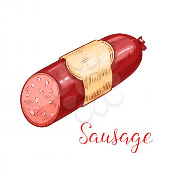 Sausage isolated sketch. Salami or pepperoni sausage with cured beef or pork meat and minced fat. Sausage stick with blank label for butcher shop price card or meat market design