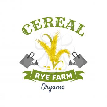 Cereal ears isolated symbol. Organic farm rye grain, spikelets and leaves, flanked by watering cans and ribbon banner. Cereal farming, agriculture, food packaging design