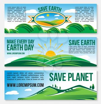 Save Planet and Earth Day banners set for 22 April green environmental protection event. Vector design of nature landscape of forest trees and clean air for ecology conservation and pollution preventi