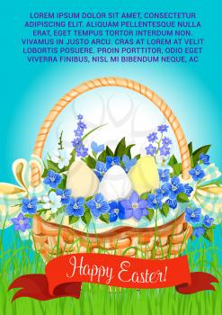 Easter poster of paschal eggs in wicker basket. Vector ribbon with Happy Easter greeting for religion holiday card template. Spring bouquet of crocuses, daffodils and lily tulips on grass meadow