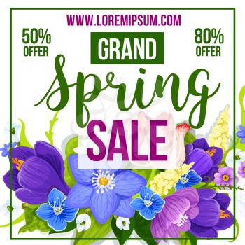 Spring Sale poster template for shop or store percent discount promo. Vector design of of springtime flowers crocuses, daffodils and lily floral bouquets for spring holiday shopping offer or flyer