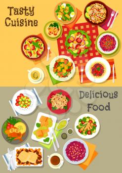 Fresh salad dinner dishes icon set of vegetable salads with cheese, mushroom, beet, cabbage, chicken, bacon and tofu, fruit salad, fish salad with olive, avocado and egg, baked cod and fried rice