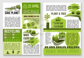 Save Earth posters design on recycling and environment conservation concept for Earth Day global event. Vector information on carbon emission, chemical pollution and forest trees deforestation