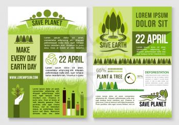 Save Earth and planet nature concept design for deforestation and green environment conservation. Vector statistics data on trees and forest planting for 22 April Earth Day global event