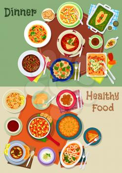 Healthy dinner food icon of vegetable pasta, beef, bean and beet soup, spanish vegetable and seafood stew, meat paella, pumpkin rice, baked fish, jewish milk dessert, semolina cake and falafel