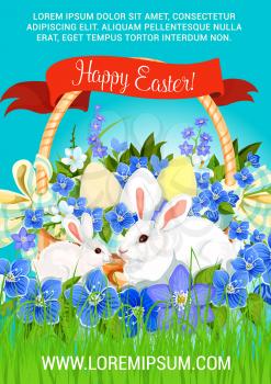 Easter eggs and bunny for paschal hunt greetings. Vector design of wicker basket with spring flowers crocuses, daffodils, narcissus and lily. Happy Easter ribbon for Holy Sunday religion holiday card