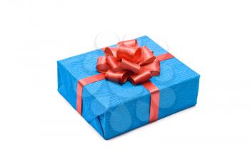 Blue gift box with red bow 