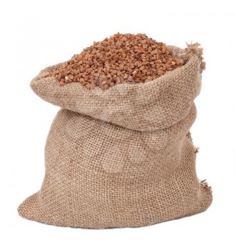 Royalty Free Photo of a Burlap Sack Full of Buckwheat