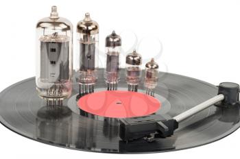 Vintage vacuum tubes with vinyl record