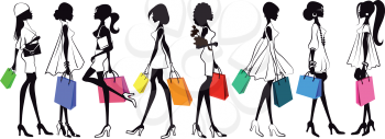 Set of silhouettes of girls women with shopping. Isolated on white background. Shopping. Sale