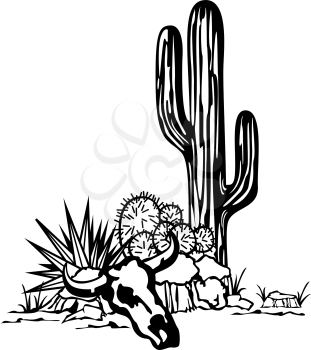 Royalty Free Clipart Image of Cacti and a Cow Skull