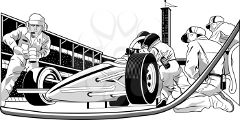 Royalty Free Clipart Image of a Pit Crew Working on a Car